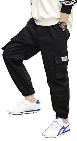 NATUST Jungen Cargohose Kinder Freizeithose Jogginghose Jungs Cargo Hose mit Elastischem Bund Schwarz 158-164