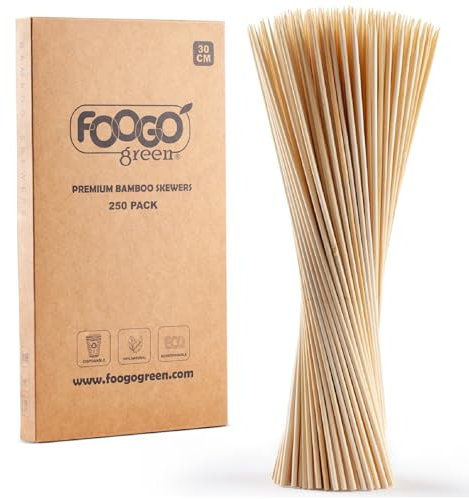 FOOGO Green 250 Stück Bambusspieße, groß, stabile, umweltfreundliche Holzspieße, Grillspieße, Kebabs, Obst, Cocktails, Party, Hochzeit (natürlicher Bambus, groß, 30 cm)