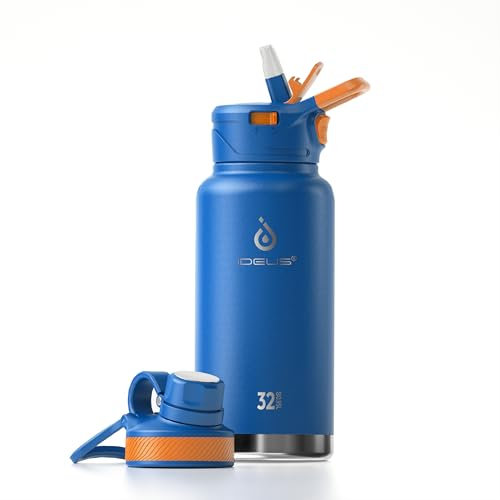 IDEUS Botella de agua aislada al vacío, frasco de doble pared de acero inoxidable, cantimplora deportiva de metal con tapón de rosca a prueba de fugas (32 onzas (950 ml), azul brillante)