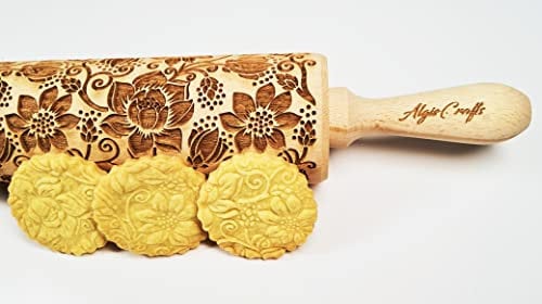 LOTO Mattarello Legno Goffrato | Mattarello Inciso | Rullo per Biscotti e per Modellare | Mattarello di Fiori | Mattarello Decorativo per Biscotti di Algis Crafts