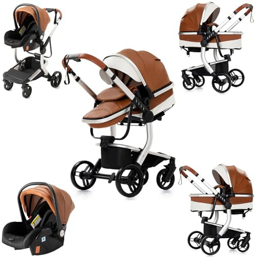 Prokoke PU-Leder Kinderwagen 3 in 1, Buggy mit Umkehrbarem Zwei-Wege-Schub, Kinderwagen Rahmen Aluminiumlegierung, Kombikinderwagen 3 in 1 Einem Klick Faltbar Baby Kleinkind Neugeborene (Khaki 518)