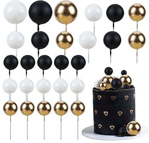 Gyufise 30Pcs Black White Gold Ball Cake Toppers Mini Balloon Cupcake Toppers DIY Foam Ball Cake Insert Decoration for Wedding Anniversary Birthday Party Supplies