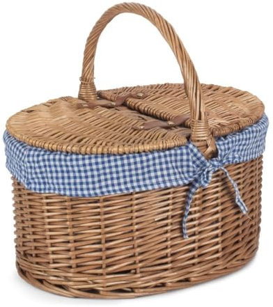 Red Hamper EH093BLUE Wicker Light Steamed Oval Lidded Basket With Blue and White Checked Lining