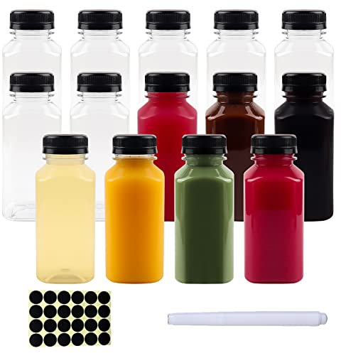 Happybase Lot de 14 bouteilles de jus en plastique de 240 ml avec bouchons,Réutilisables avec couvercle noir,Bouteilles transparentes pour jus, lait, boissons faites maison (1 stylo, 24 étiquettes)