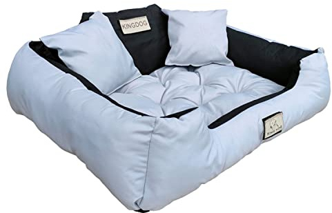 KingDog Hunde- und Katzenbett mit Zwei Kissen Hundekissen Hundekorb Haustierbett Waschbar Wasserdichtes PVC-Material (L 100x75cm, Hellgrau)