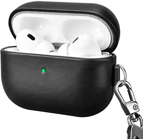 Leder Hülle für AirPods Pro 2 2022, ICARERFAMILY Premium Echtleder Stoßfeste Schutzhülle für AirPods Pro 2 Kopfhörer Ladetasche mit Loch (LED sichtbar) Unterstützung Wireless Ladegerät-Schwarz