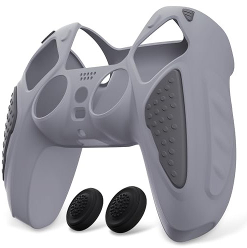 PlayVital Funda de Silicona para ps5 Mando - Carcasa de Goma Antideslizante con Tapas para Pulgar, Protector Tacto Suave, Accesorio Compatible con ps5 - Edición Knight (Gris Metalizado & Gris Oscuro)