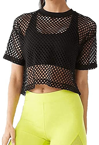 Las Mujeres Camisetas de Rejilla Chic Mesh Top tee Shirt Verano de Manga Corta Top Malla Camiseta Deportes Casual Tops
