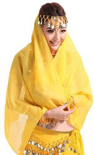 Hotfiary Chiffon Bauchtanz Kopf Schleier für Frauen Mädchen Münzen Retro Kopfbedeckung Schal Kopfbedeckung Bauchtanz Kostüm Zubehör
