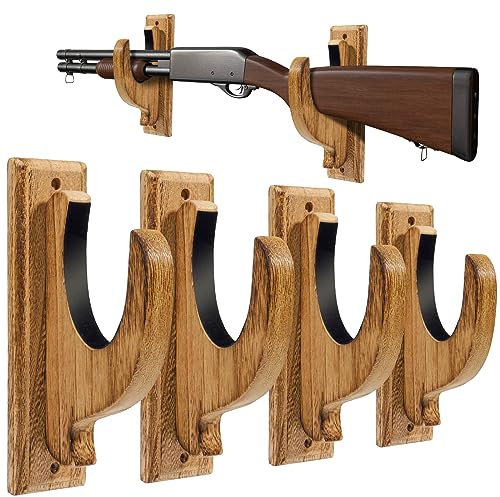 iFeelonely Gun Rack Wall Mount,4 Pack Gun Racks for Wall Shotgun Hooks Gun Wall Mount Indoor Gun Racks Rifle Wall Mount Wooden Gun Cabinets Stand Display Shelf Brown
