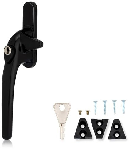 XFORT Locking Cockspur Window Handle Installation Kit in Black, Left Hand UPVC Window Handle Replacement, Lockable Window Lever