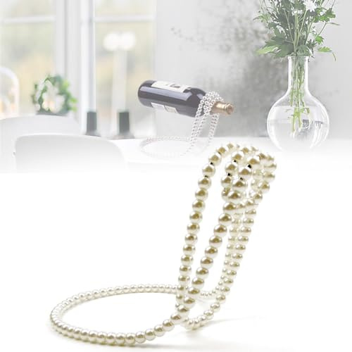 RIEONA Pearl Wine Bottle Holder, Pearl Wine Bottle Holder Metal Wine Bottle Holder, Artificial Pearl Necklace Floating Wine Rack, Wine Bottle Stand for Bar and Home Decoration (Color : White)