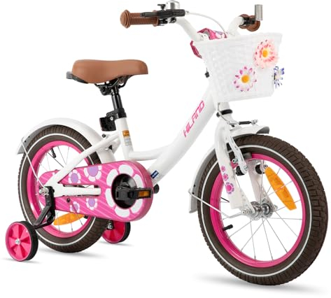 HILAND 12 Zoll Kinderfahrrad für Mädchen Fahrrad 3 4 5 Jahren mit Korb Stützräder Weiß