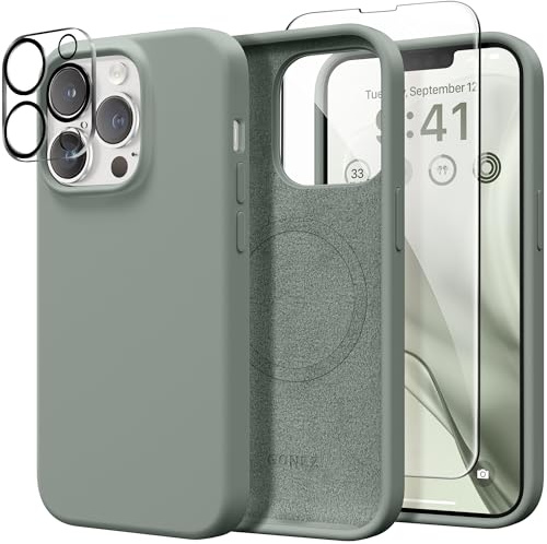 GONEZ Magnetic for iPhone 13 Pro Case, Compatible with MagSafe, [Screen Protector + Camera Protection], Shockproof Silicone Slim Phone Case 6.1″, Soft Anti-Scratch Microfiber Lining, Calke Green