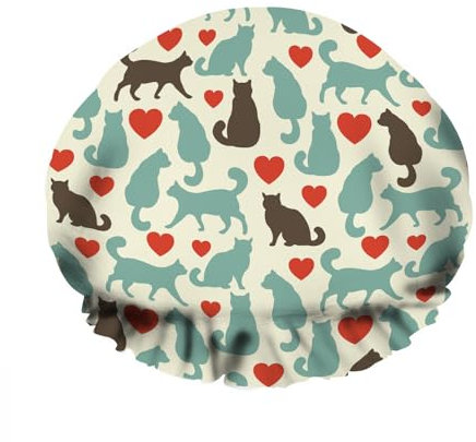 Reusable Shower Cap Double WaterproofBathing Hat Cat Pattern Shower Cap Black Green Cat Red Heart Valentine'S Day