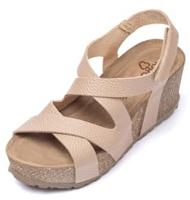 Yokono Sandalias de cuña de Mujer de Piel BARI-303 Beige | Zapatos Mujer Primavera-Verano | Piel Vacuna Opak | 5 CM