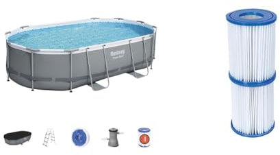 Bestway Power Steel Above Ground Pool - Garden Swimming Pool Set with Filter Pump, Pool Ladder & Flowclear Type II Filter Cartridge, Easy installation