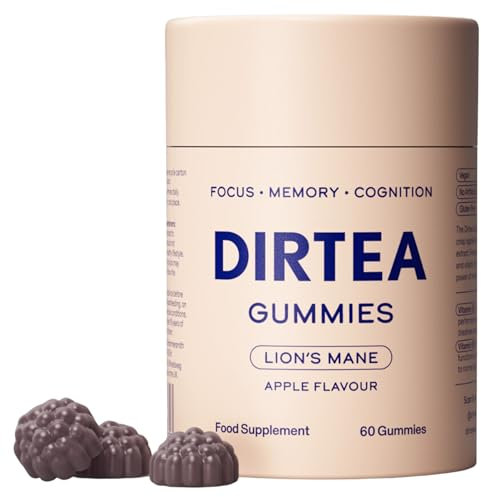 DIRTEA Lion's Mane Mushroom Gummies (60 Gummies) - 2,400mg per Serving - Vegan, Natural & Sugar Free with Vitamin B12 & B5 - Apple Flavour