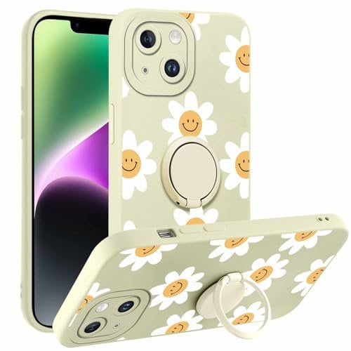 Foonary Phone Case for iPhone 14 6.1 inch, 360°Magnetic Ring Kickstand Holder Soft TPU Silicone Anti-Scratch Protective Resistant, Fashion Daisy Smile Aesthetics Shockproof Bumper Cover,for iPhone 14