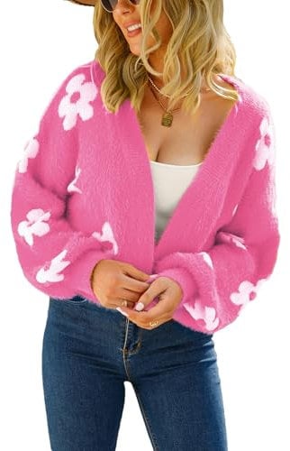 Jamron Femme Ouvert Gilet Court Florale Manches Longues Cover Up Cardigan en Tricot Fuchsia SN602C271 XL