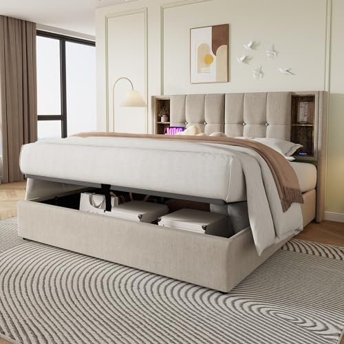 Dolamaní Doppelbett 180x200 cm, Polsterbett mit hydraulischem Stauraum & Kopfteil mit Kabellosem Laden USB C & Design des Staufachs, Bett Lattenrost aus Holz-Natürlich, Beige