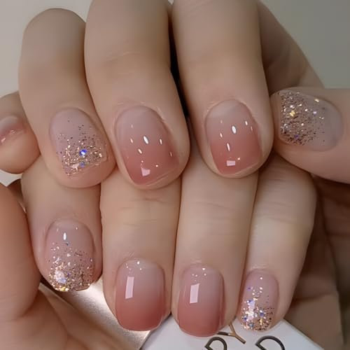 24pcs Short False Nails Square Press on Nails Glitter Gold Fake Nails Brown Nude Ombre Stick on Nails Removable Glue-on Acrylic Full Cover Nails Women Girls Gifts Nail Art Accessories