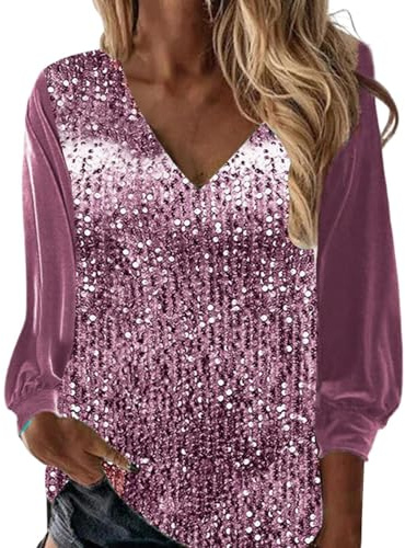 Haut À Paillettes Femme Disco Chemisier Paillettes Haut Brillante Chemises Manche Longue Blouse Chic Élégant Printemps T Shirt Glitter Soirée Disco Tunique Décontracté Retro Tops