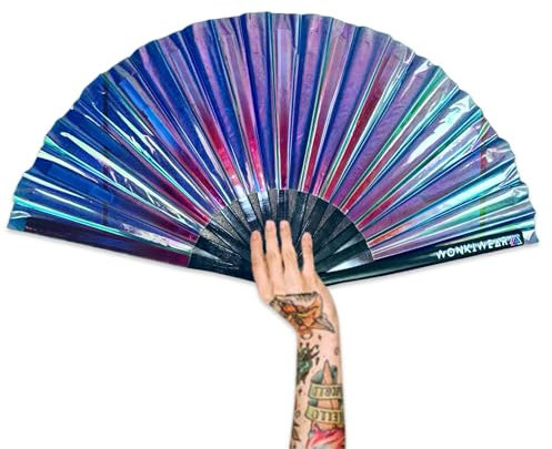 WONKIWEAR Fan, Folding Handheld, Iridescent, Holographic, Large Strong Black Bamboo. Unisex for Rave, Festival, Concert, Drag, Gay Pride (Blue Iridescent, Large)