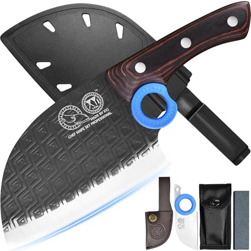XYJ Authentic Since 1986,Couteau de boucher serbe avec étui,Couteau de cuisine de chef à légumes,Manche en bois avec étui,pour camping extérieur
