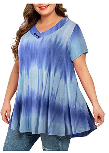 Übergröße Kleidung für Frauen Damen T-Shirts Tie Dyed Top V Ausschnitt Kurzarm Lose Casual Sommer Basic Shirts Komfort Weich Kurze Ärmel Ausgehen Party Club, 57 Violett, 4XL