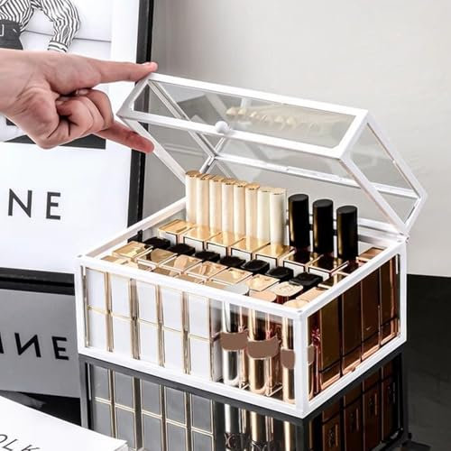 Lipstick Organizer, 9x5x5inch Clear Glass Lipstick Storage Box with Lid, Holds 40 Lipsticks, Lipstick Holder Display Case, Lip Gloss Organizer for Women