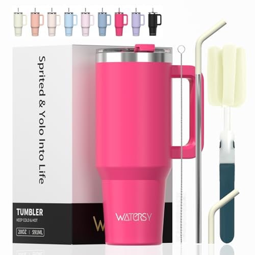 WATERSY 591 ml Vaso Termico con Pajita, Taza Termica de Acero Inoxidable, Termo con Asa, 20oz Tumbler Café para Frío y Caliente, Travel Mug, para Gimnasio, Viaje (Fuchsia)