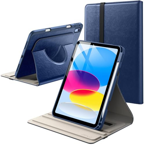 JETech Drehbare Hülle für iPad (A16) 11./10. Generation (2025/2022) mit Stifthalter, 360 Grad Drehbare PU Leder Folio Schutzhülle (Navy)