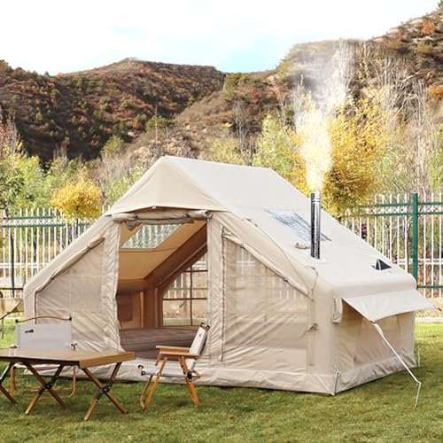 Sport Tent Cotton Canvas 2-4 Person Inflatable Tent Blow Up Tents with Pump and Stove Jack Hole,4 Season Waterproof Windproof Air Tent Pop-Up Tents,Quick to Set up