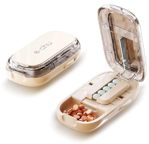 SUNNIFLY 1 in 2 Tablettenschneider mit Aufbewahrungsfach, Tablettenteiler für Große und Kleine Tabletten, Tragbarer Pillenschneider für Reisen und den TäGlichen Gebrauch (Milchig Weiß)