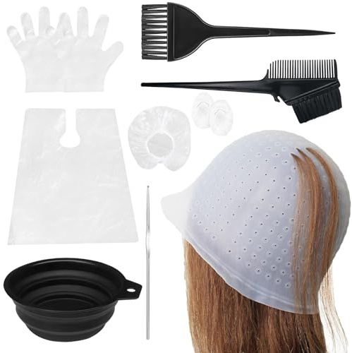 10 Stück Silikon Strähnchenhaube Haarfärbe Set,Strähnchenhaube mit Löcher und Nadel,Silikon Highlight Kappe Haare Färben Zubehör für Home Friseursalon Frisur Färben