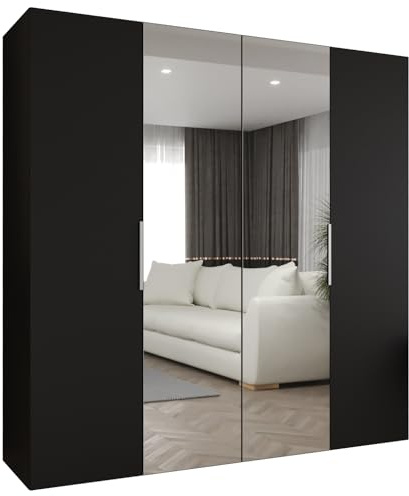 MEBLE KRYSPOL - Kleiderschrank mit Spiegel - Drehtürenschrank - Schrank 200x202x52cm - Garderobenschrank Schlafzimmer, Flur, Jugendzimmer - Farbe Schwarz, Griff Kaschmir - Marbella 2 200