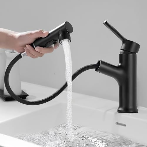 WANDGU Rubinetto da bagno: rubinetto per lavabo nero, doccetta estraibile, miscelatore monocomando ad alta pressione con 3 tipi di getto, attacco G3/8 per bagno, montaggio a parete in ottone di alta