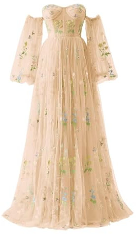 Gvnykany Tüll-Ballkleider Blumenstickerei Lange Ärmel Elegante Formell Abendkleider Partykleider für Damen Champagne 38