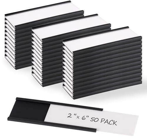 Realth Magnetische Etikettenhalter 50 Stück 50MM X 152.4MM | Beschreibbare Magnet-Etiketten,Schmutzfrei Abnehmbar, C-Kanal, für Schule Büro Whiteboard Metall Hängeschränke und Schubladen