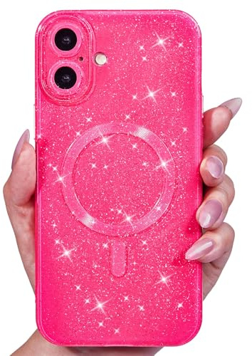 Svanove Glitter Case for iPhone 17 Phone Case Magnetic Compatible with Magsafe, Sparkle Bling Shiny Sparkly Cute Girly Design, Bright Trendy Aesthetic Hard Mag Cover for Women Girls, Neon Hot Pink