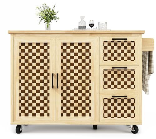 I0I&I0I Carrito de cocina de madera con ruedas, isla de cocina con mesa plegable, armario de 120 cm con tres cajones, dos puertas, estantes ajustables, toallero y diseño rústico de tablero de ajedrez