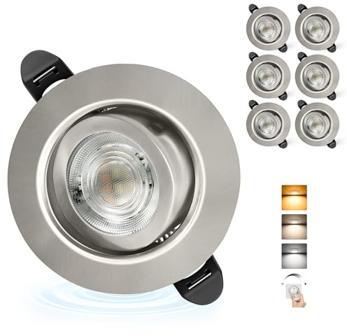 Aulaiyi LED Einbaustrahler 230V Dimmbar 68mm 5.5W IP44 LED Spot Ultra Flach | 45° Schwenkbar Deckenspots, Einbauleuchten 3000K/4000K/6000K, Spots Deckenleuchte für Bad Wohnzimmer Küche, Nickel 6er Set