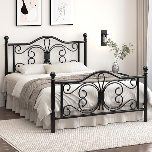 Bett 160x200 mit Schmetterlingsmuster Kopf und Fußteil, Metallbett, Schwarz | Doppelbett 160x200 cm aus Metall, 26,5cm hohem Stauraum unter dem Bett Kein Lattenrost Erforderlich, Einfache Montage