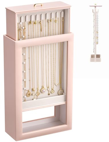 Lolalet Upgraded Double-Sided Hanging Necklace Organizer Box, Jewellery Display Case with Double-Sided Clear Window for Necklaces Bracelets, Tangle-Free Necklace Storage Box -Pink, 1-Layer 20 Hooks