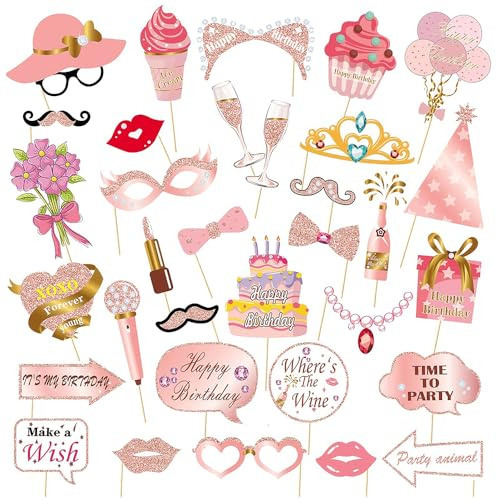 Rose Gold Photo Booth Props - 33 Pieces Metallic Birthday Party Decorations Set with Selfie Frames & Fun Props for Adults & Kids