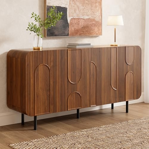 Bitinfc Sideboard 160cm mit 4 Türen & Rillenoptik, Mid-Century Kommode aus Walnuss-Holzdekor, Anrichte mit verstellbaren Einlegeböden, Esszimmerschrank & Mehrzweckschrank für Wohnzimmer, Flur
