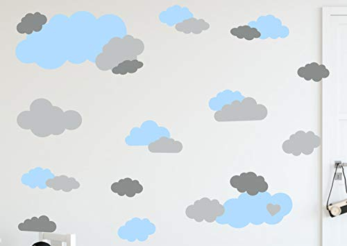 timalo® 35 Stück Wandtattoo Kinderzimmer XL Große Wolken Himmel Pastell Wandsticker – Aufkleber Wolkenset | 73091-SET8-35 | puderblau hellgrau grau