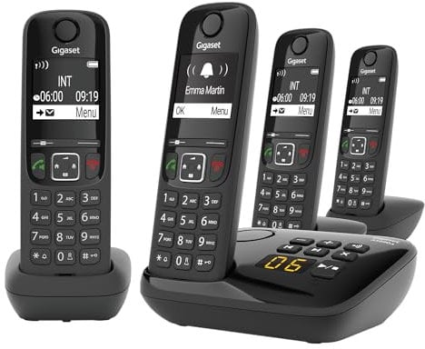 Gigaset AS690A Quattro - 4 Schnurlose DECT-Telefone mit Anrufbeantworter - gut lesbarem kontrast Display - brillianter Audio-Klang - einfache Bedienung - Anrufschutz, schwarz [Deutsche Version]