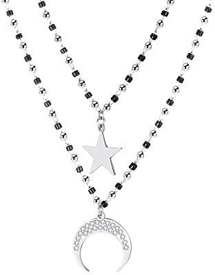Ouran Heart Shape/Moon and Star Pendant Necklace for Women, Double Layer Rose Gold Silver Plated Necklace Stainless Steel Chain with Black Crystal